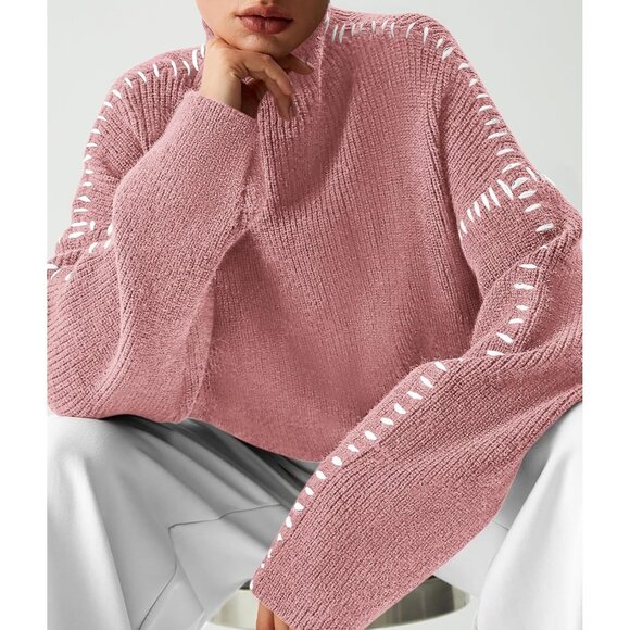 Prettygarden Women's Pink Fall Long Sleeve Mock Neck Oversized Chunky Sweaters - Picture 7 of 7